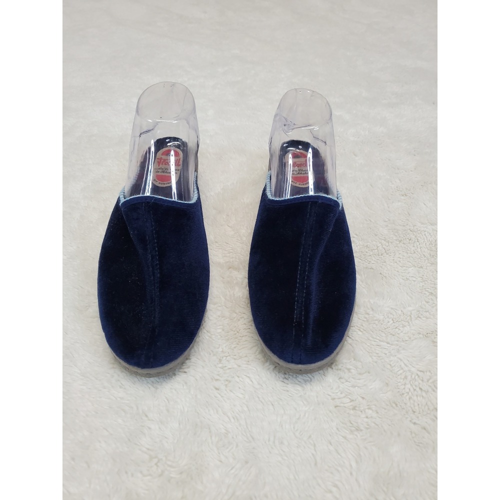 Vintage Florett Navy Blue Velvet Slip On Slippers Loafers 41 Womens 10 Retro
